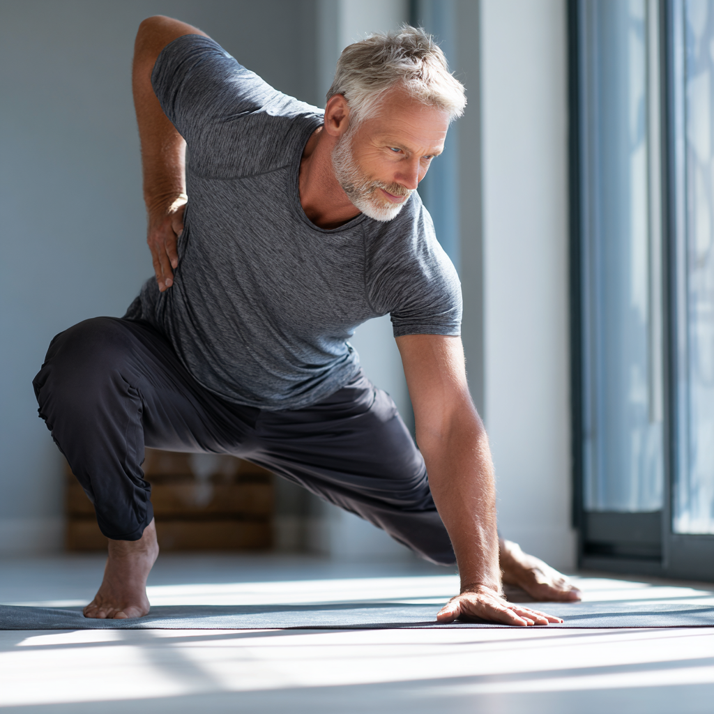 Active elderly European woman performing coordination exercises in modern fitness studio
